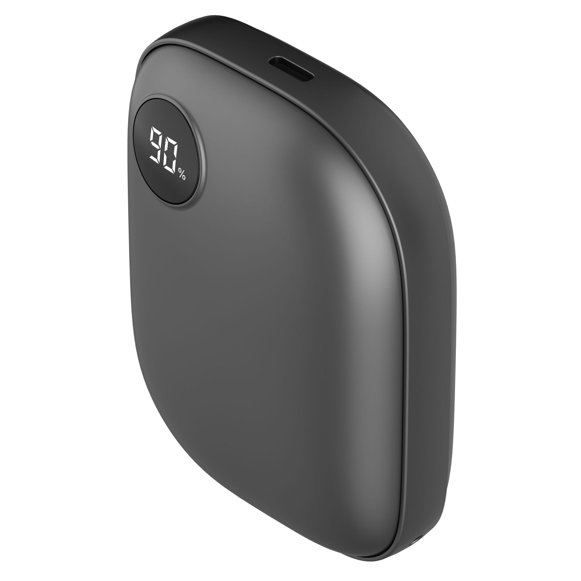 Powerocks håndvarmer og powerbank, oval form, digitalt display viser 90, kompakt design.