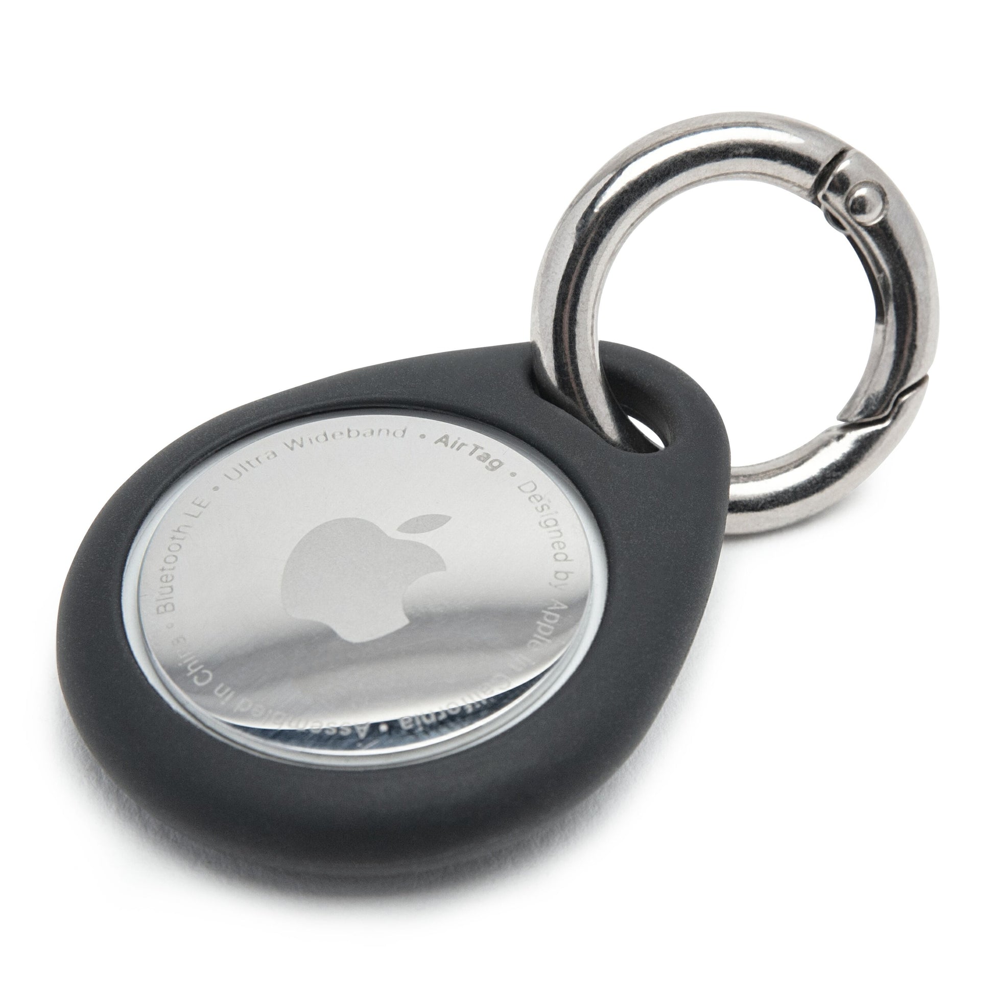 Apple AirTag sølv i sort AirTag nøgleholder med metalkrog.