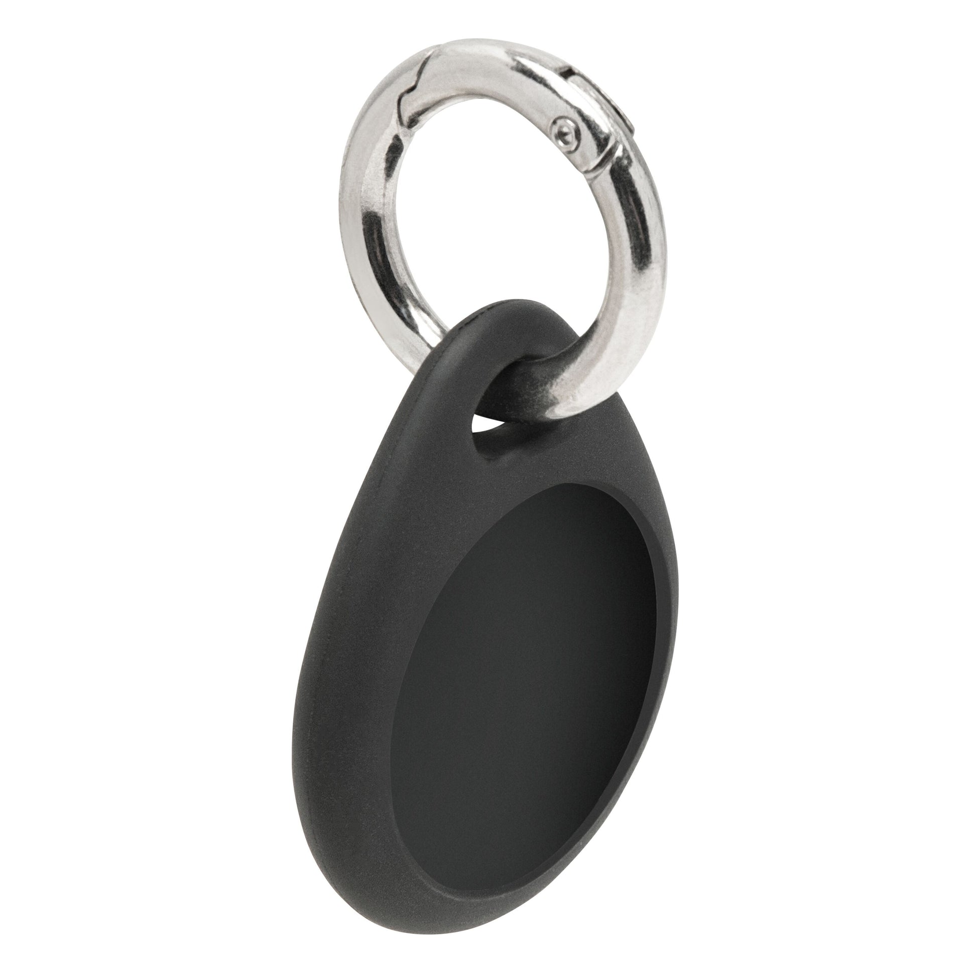 AirTag Nøglering Sort, oval TPU-holder med sølvfarvet metalring, passer til AirTag.