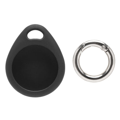Linocell AirTag nøglering sort, dråbeformet i sort TPU-plast med cirkulær fordybning og lille sølv metalnøgle-ring.