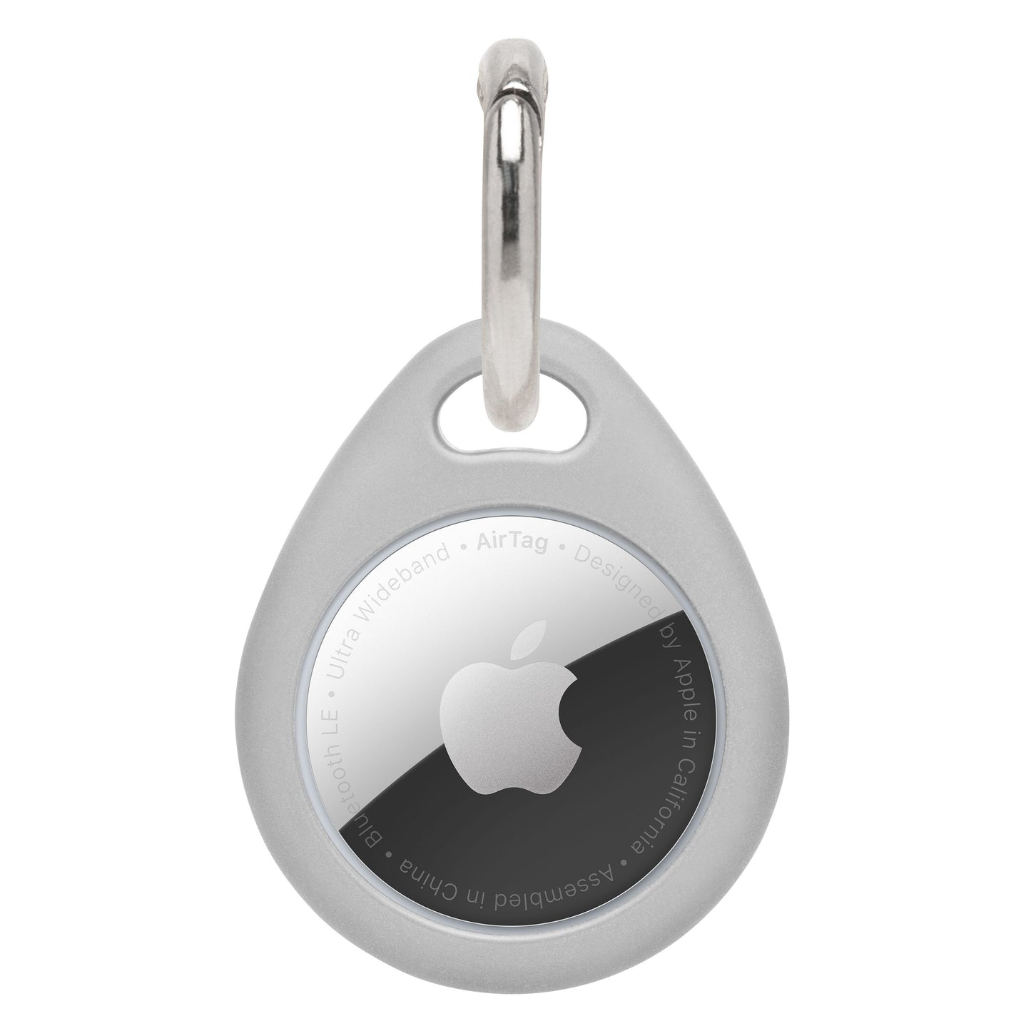 AirTag nøglering grå, dråbeformet TPU-holder med sølvfarvet karabinhage til Apple AirTag.
