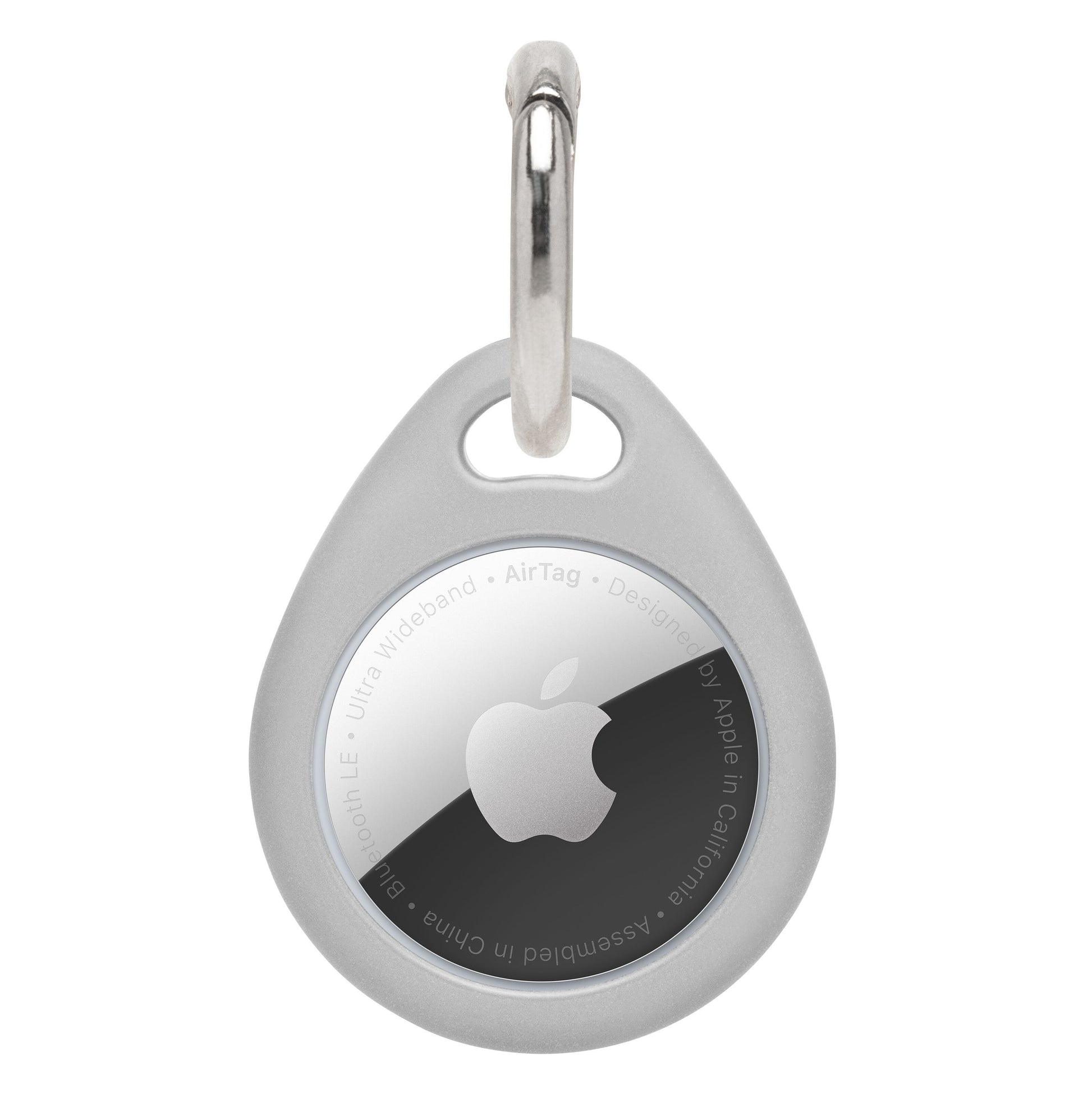 AirTag nøglering grå, dråbeformet TPU-holder med sølvfarvet karabinhage til Apple AirTag.