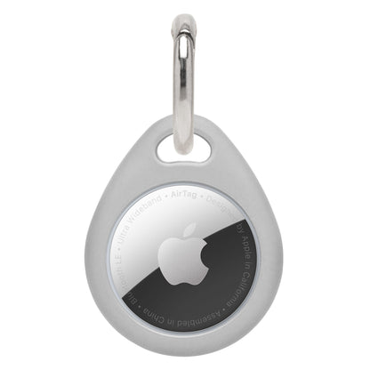 AirTag nøglering grå, dråbeformet TPU-holder med sølvfarvet karabinhage til Apple AirTag.