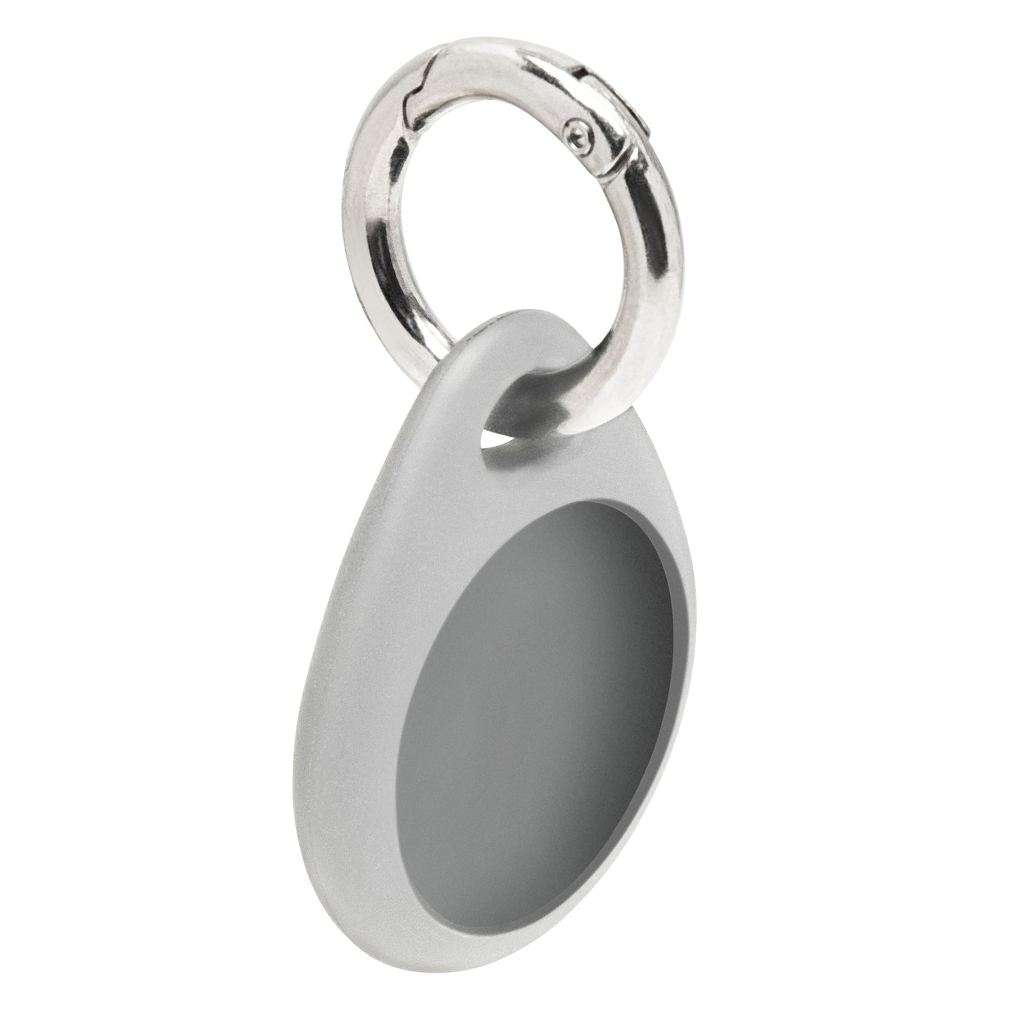 Linocell AirTag nøglering grå, oval form med glat overflade, rund forsænket midte og sølvfarvet metalnøglering.
