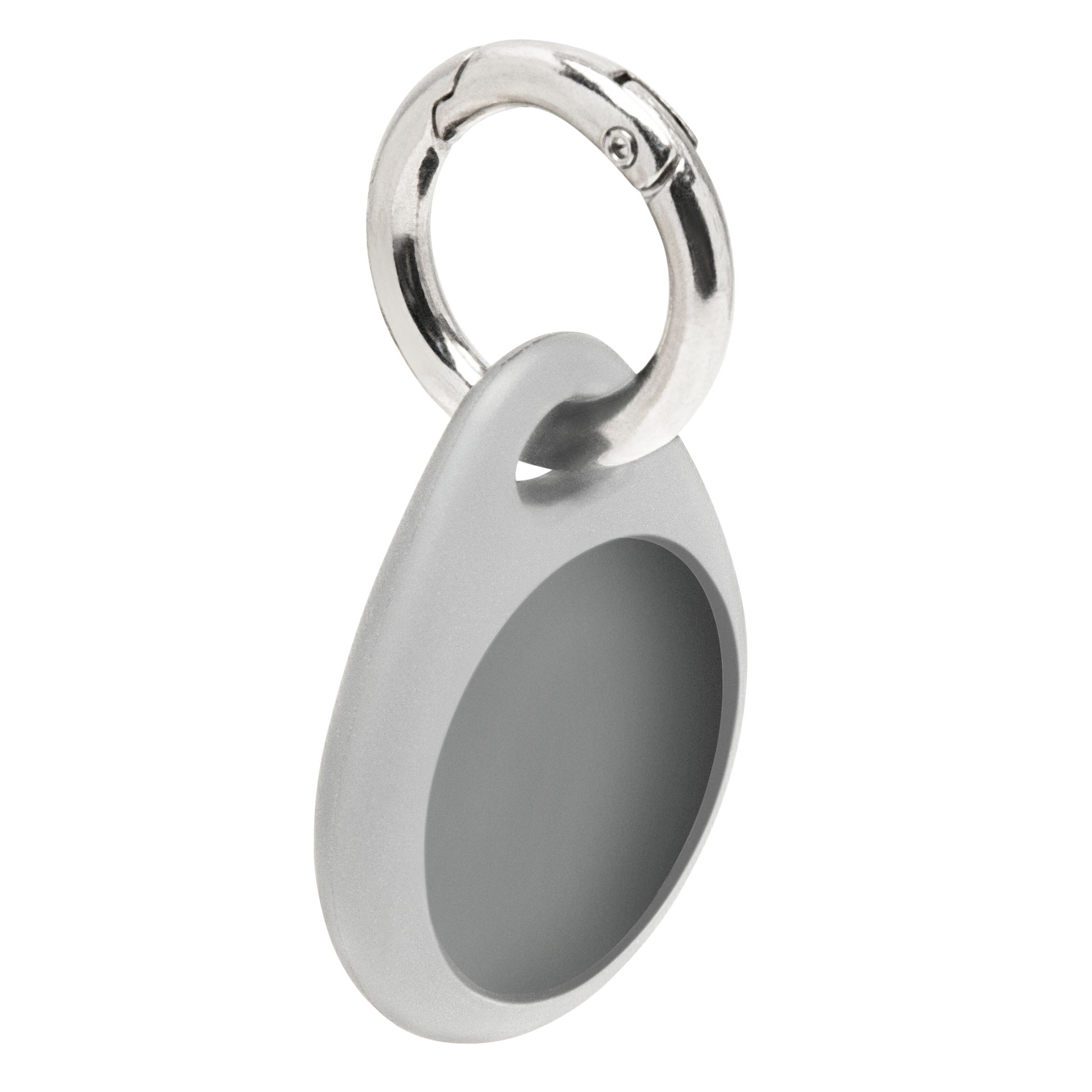 Linocell AirTag nøglering grå, oval form med glat overflade, rund forsænket midte og sølvfarvet metalnøglering.