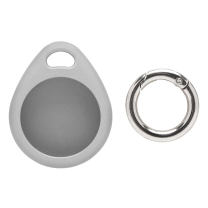 Linocell AirTag nøglering grå, dråbeformet holder med rund udskæring og metalring til montering af Apple AirTag.