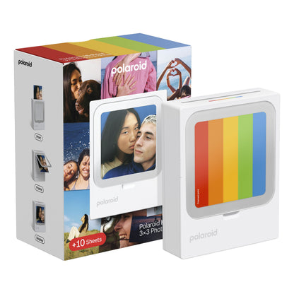 Polaroid Hi-Print 3x3 bærbar fotoskriver med 10 ark vist ved siden af emballage med eksempler på fotoprint.
