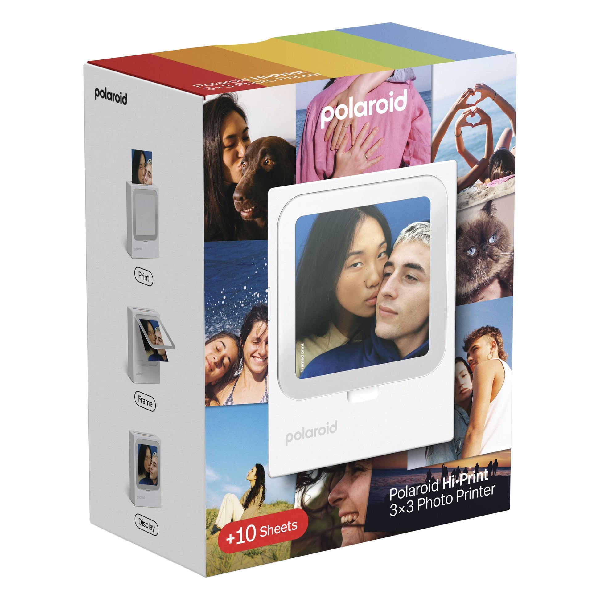 Polaroid Hi-Print 3x3 bærbar fotoskriver inkl. 10 ark, æske viser eksemplarfoto og "+10 ark" tekst på forsiden.