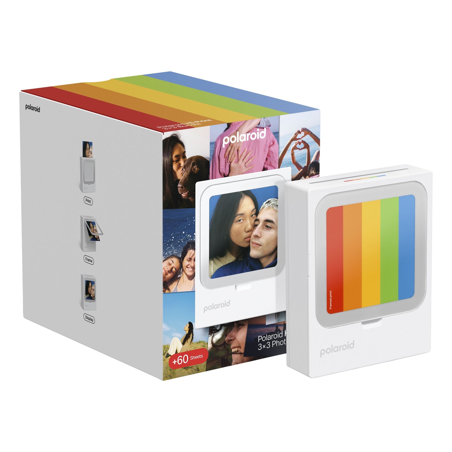 Polaroid Hi-Print 3×3 fotoprinter med regnbuestribet omslag ved emballage med trykte fotos og teksten "+60 ark.