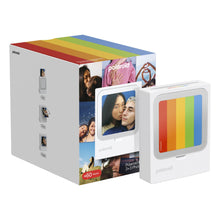Polaroid Hi-Print 3×3 fotoprinter med regnbuestribet omslag ved emballage med trykte fotos og teksten "+60 ark.