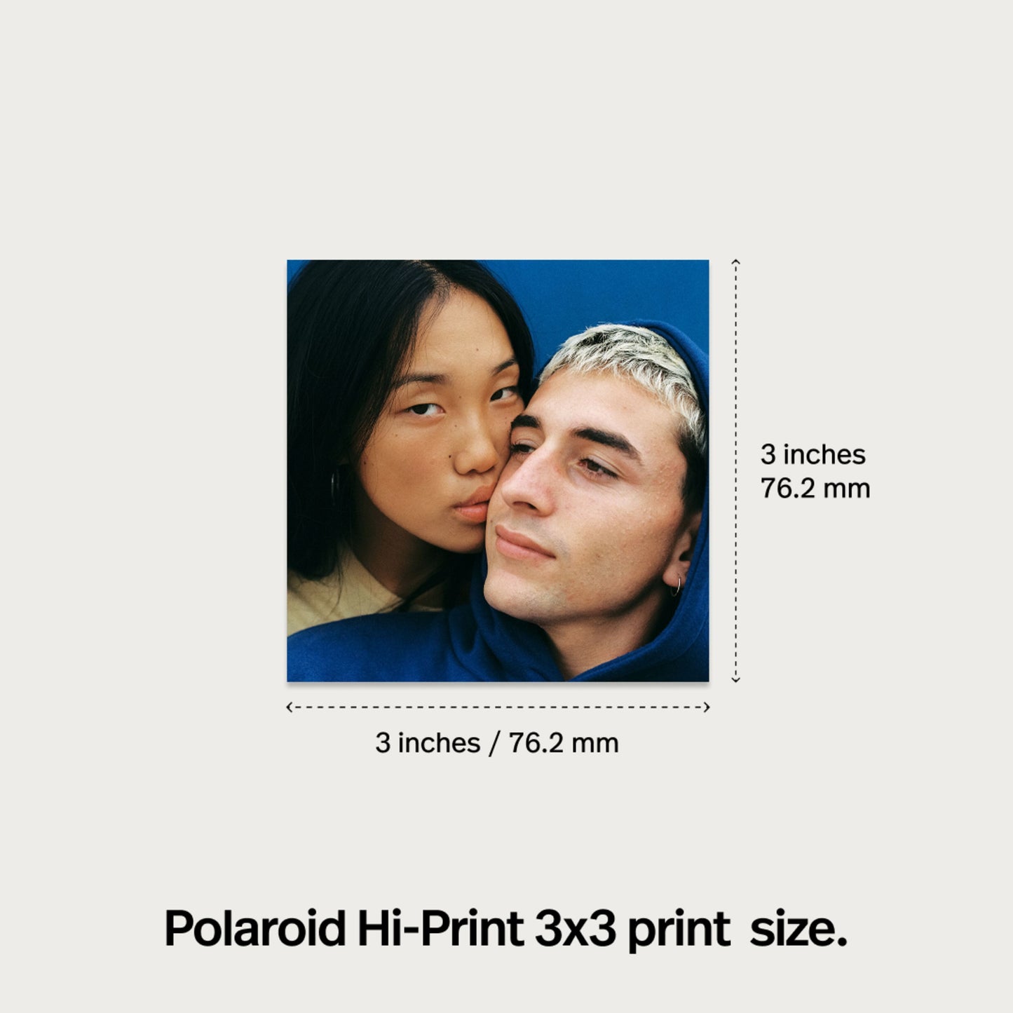 Polaroid Hi-Print 3x3 tommer bærbar fotoskriver, prøvefoto af kvinde og mand, inkl. 60 ark.
