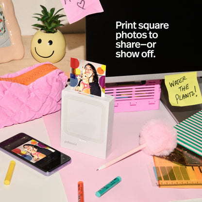 Polaroid Hi-Print 3-3 Foto Printer printer kvadratiske fotos, telefon viser billede, note: "WATER THE PLANTS.