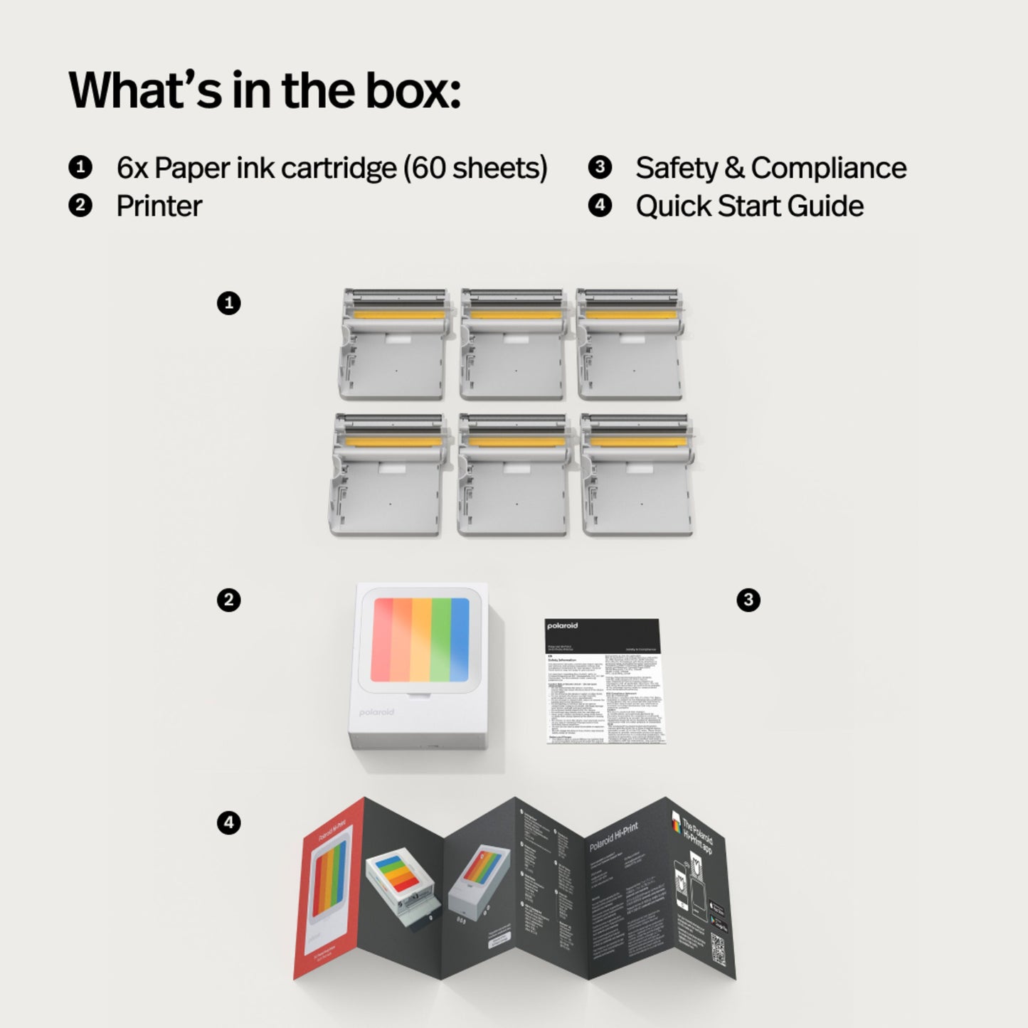 Polaroid Hi-Print 3-3 bærbar fotoprinter med 60 ark, sikkerheds- og compliancehæfte samt quick start guide.
