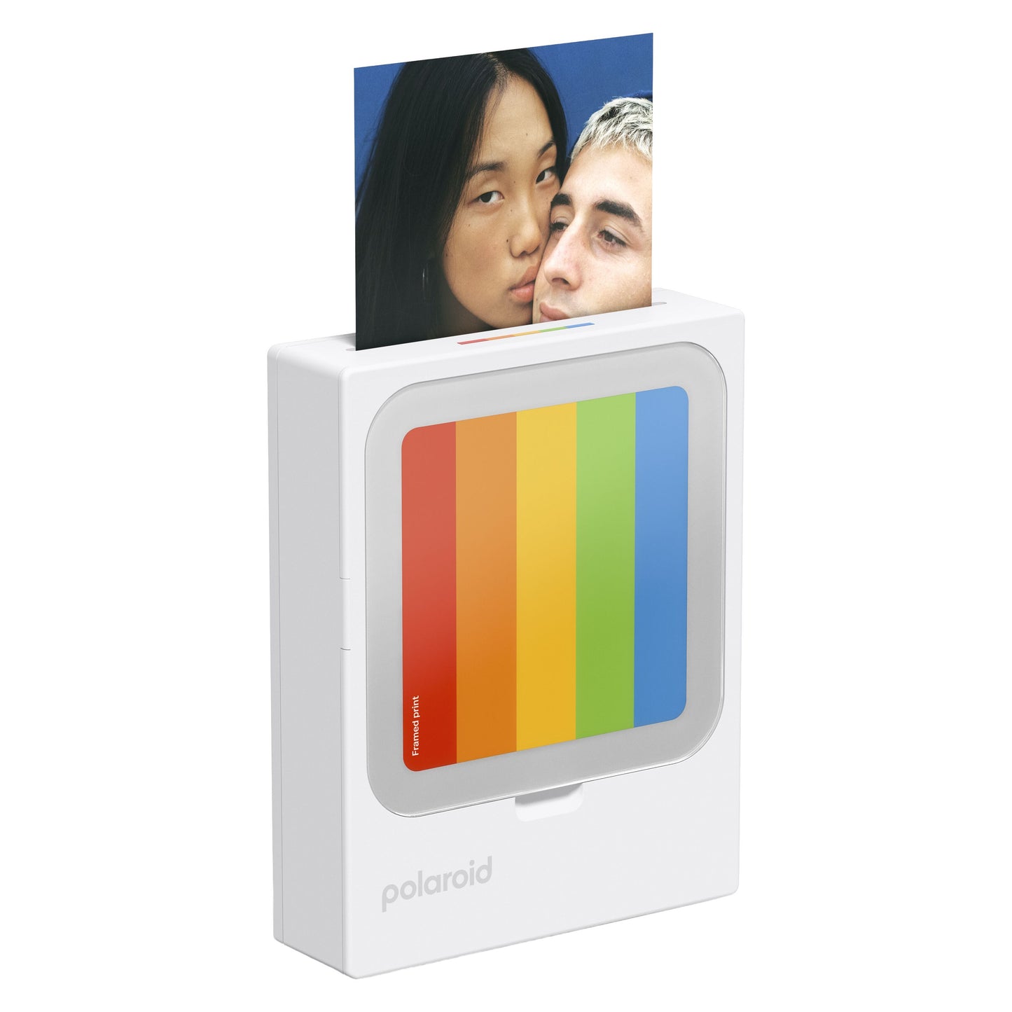 Polaroid Hi-Print 3x3 fotoprinter med regnbuestribe, bærbar, inkl. 60 ark, printer billede af to personer.
