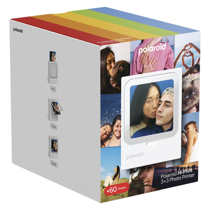 Polaroid Hi-Print 3-3 bærbar fotoskriver, farvede striber, prøvebilleder af mennesker og dyr, inkl. 60 ark.