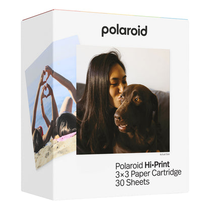 Polaroid Hi-Print 3-3 papirkassette 30 ark til Hi-Print 3-3 printer med integreret blæk, kvinde og brun hund på æsken.