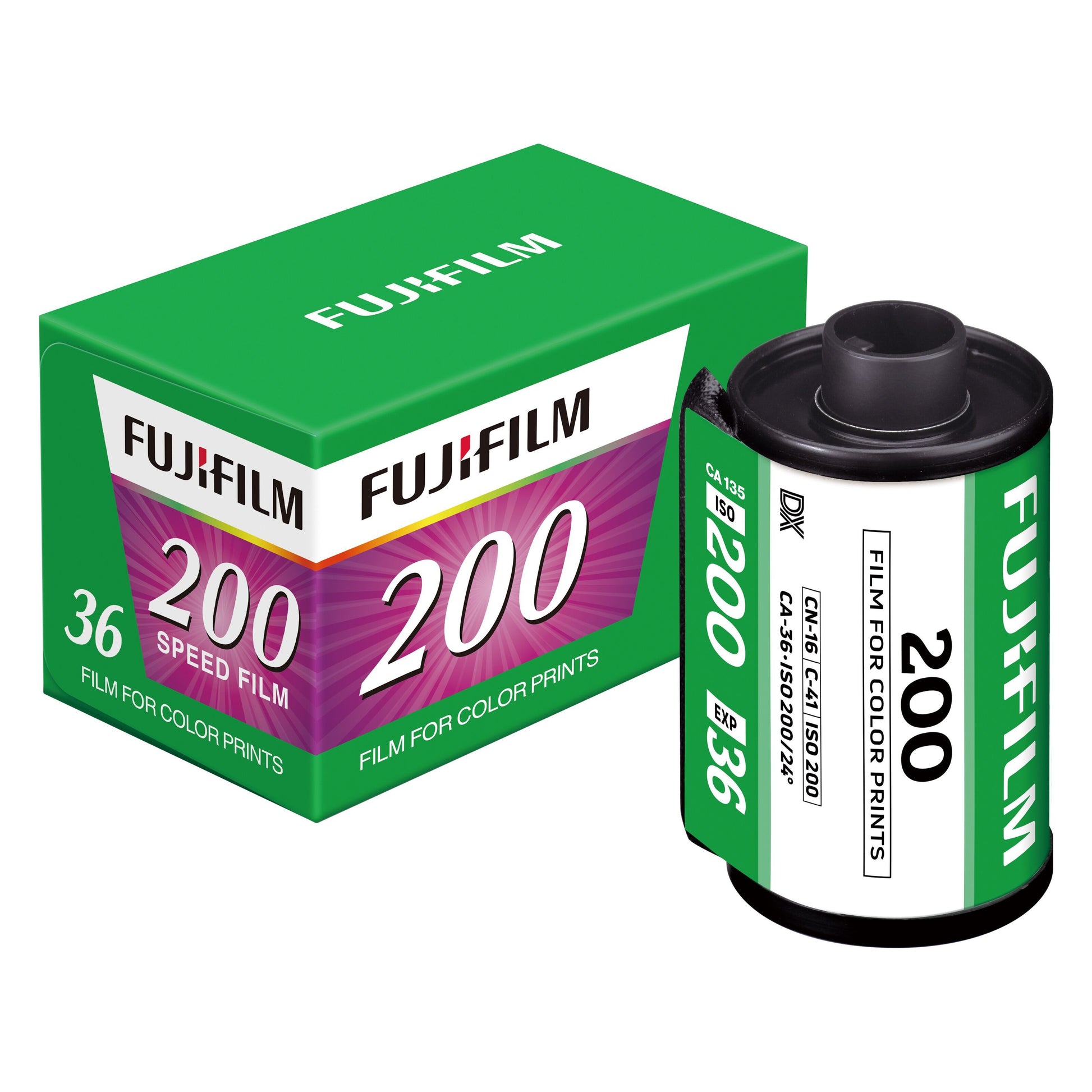 Fujifilm 135 film grøn/hvid æske, 36 billeder, ISO 200, vist med tilhørende filmholder.