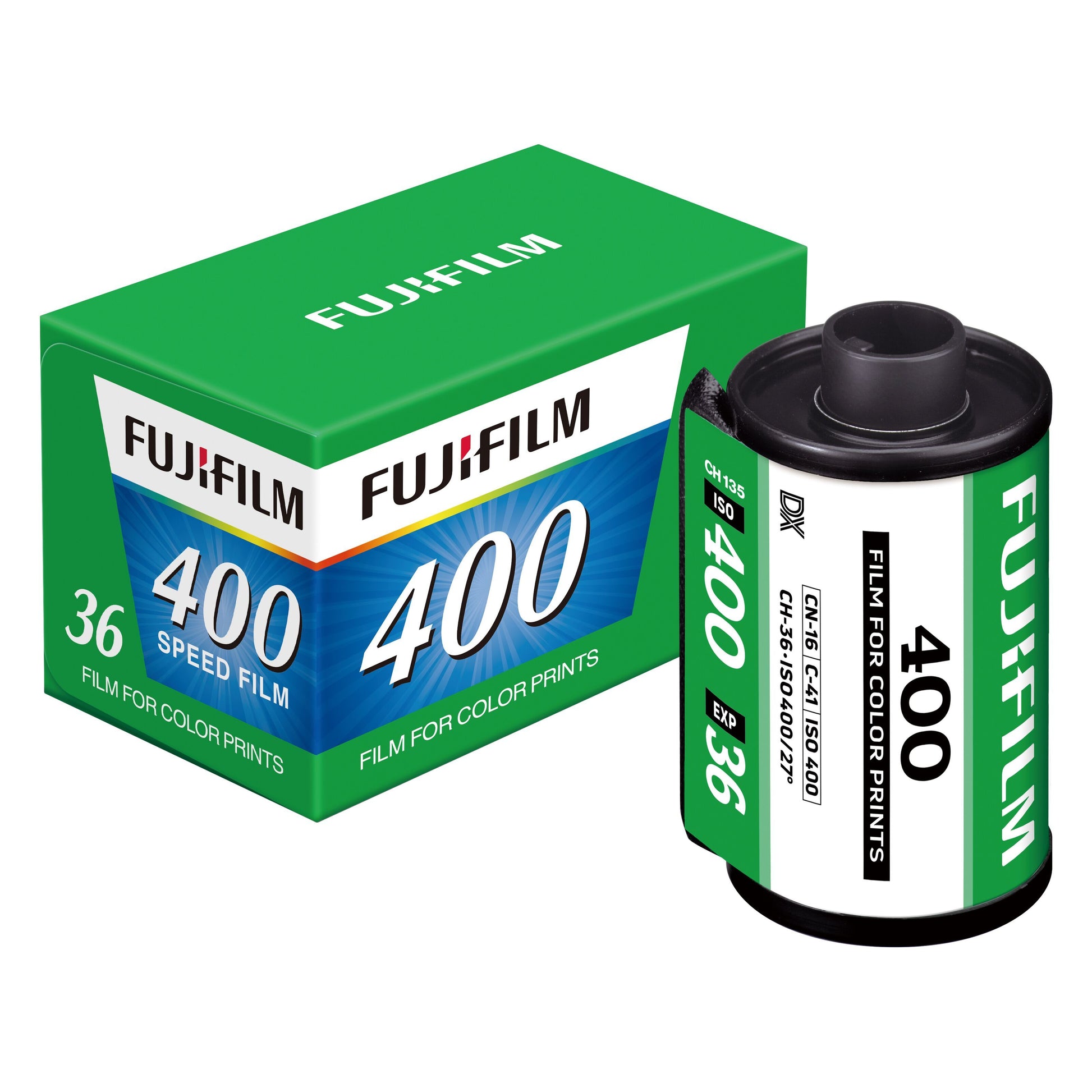 Fujifilm 135 film 36 billeder ISO 400 til 35 mm kamera i grøn og hvid emballage ved siden af filmkassette.
