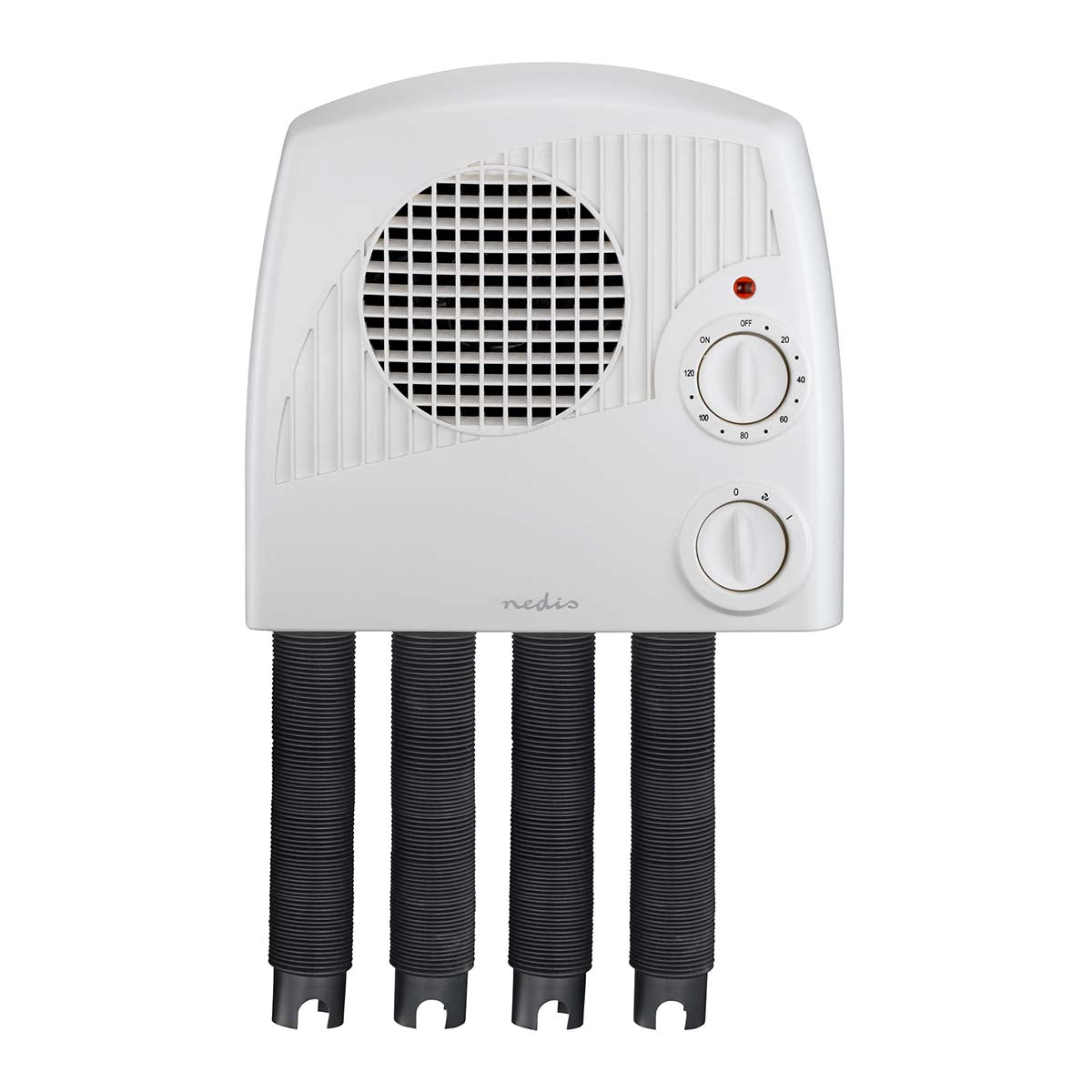 Nedis skotørrer 350W med justerbart varmeluftsrør, fire fleksible slanger, stort ventilationsudtag og to kontrolknapper.