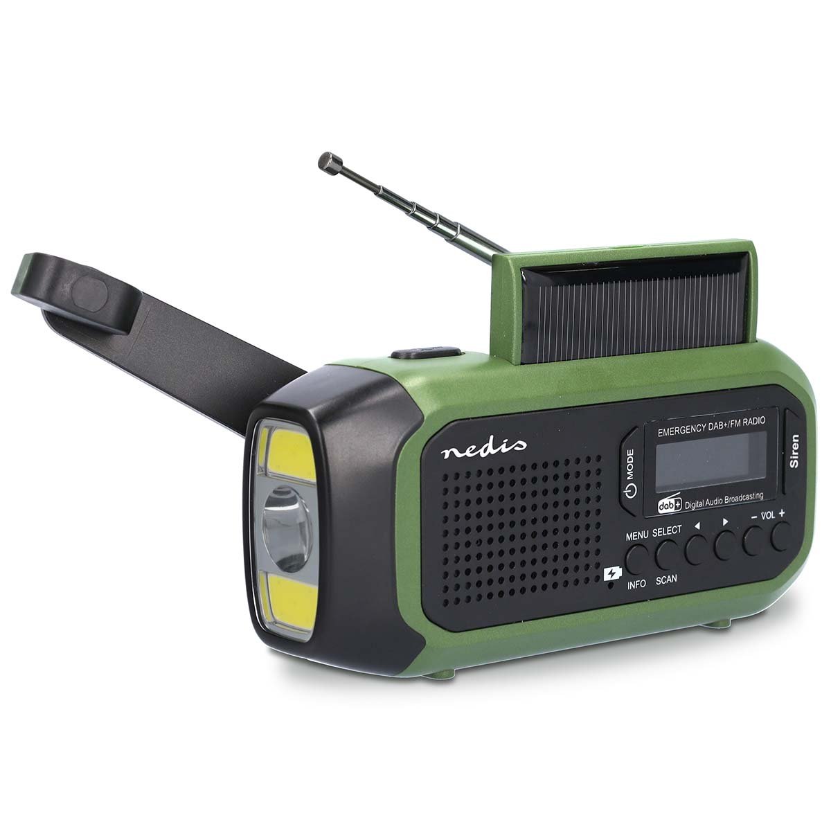 Nedis nødradio DAB+/FM, grøn/sort, solcelle, powerbank, håndsving, lommelygte, antenne, frontknapper, logo over højtaler.
