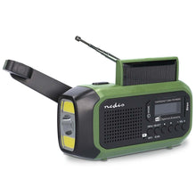 Nedis nødradio DAB+/FM, grøn/sort, solcelle, powerbank, håndsving, lommelygte, antenne, frontknapper, logo over højtaler.