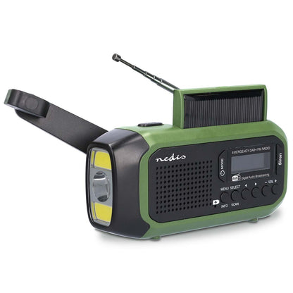 Nedis nødradio DAB+/FM, grøn/sort, solcelle, powerbank, håndsving, lommelygte, antenne, frontknapper, logo over højtaler.