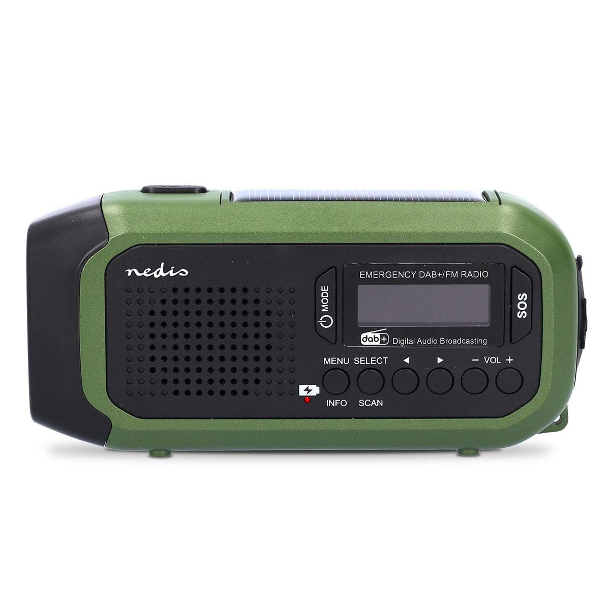 Nødradio med DAB+/FM, solpanel, indbygget powerbank, LCD-skærm, knapper, højtalere og SOS i grøn og sort.