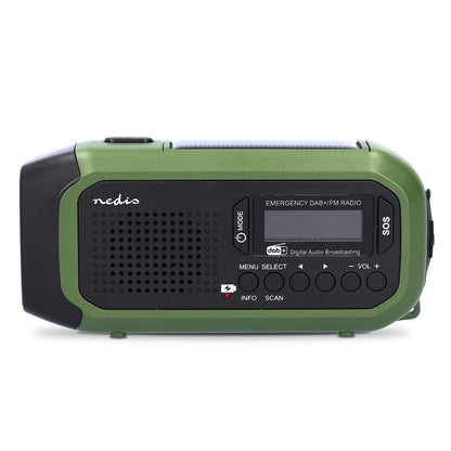 Nødradio med DAB+/FM, solpanel, indbygget powerbank, LCD-skærm, knapper, højtalere og SOS i grøn og sort.