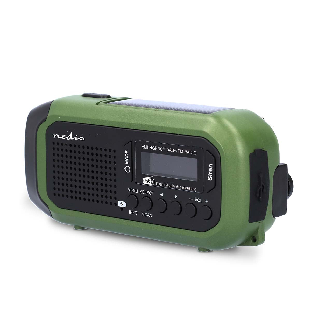 Nedis nød radio DAB+/FM med solpanel, LCD-display, højtaler, nødsirene, knapper til menu/lydstyrke, powerbank, grøn/sort.