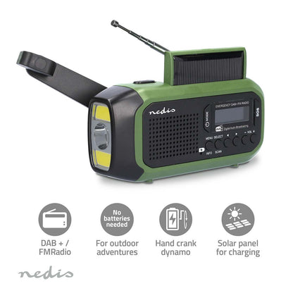 Nødradio med DAB+/FM, håndsving, solpanel, powerbank, lommelygte og antenne i grøn og sort.