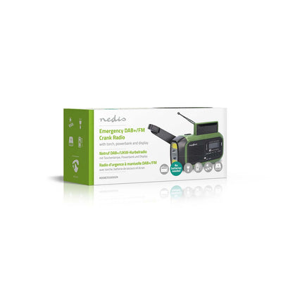 Nedis Nødradio DAB+/FM æske med billeder af håndsving, antenne, lygte samt info om solpanel, powerbank og skærm.