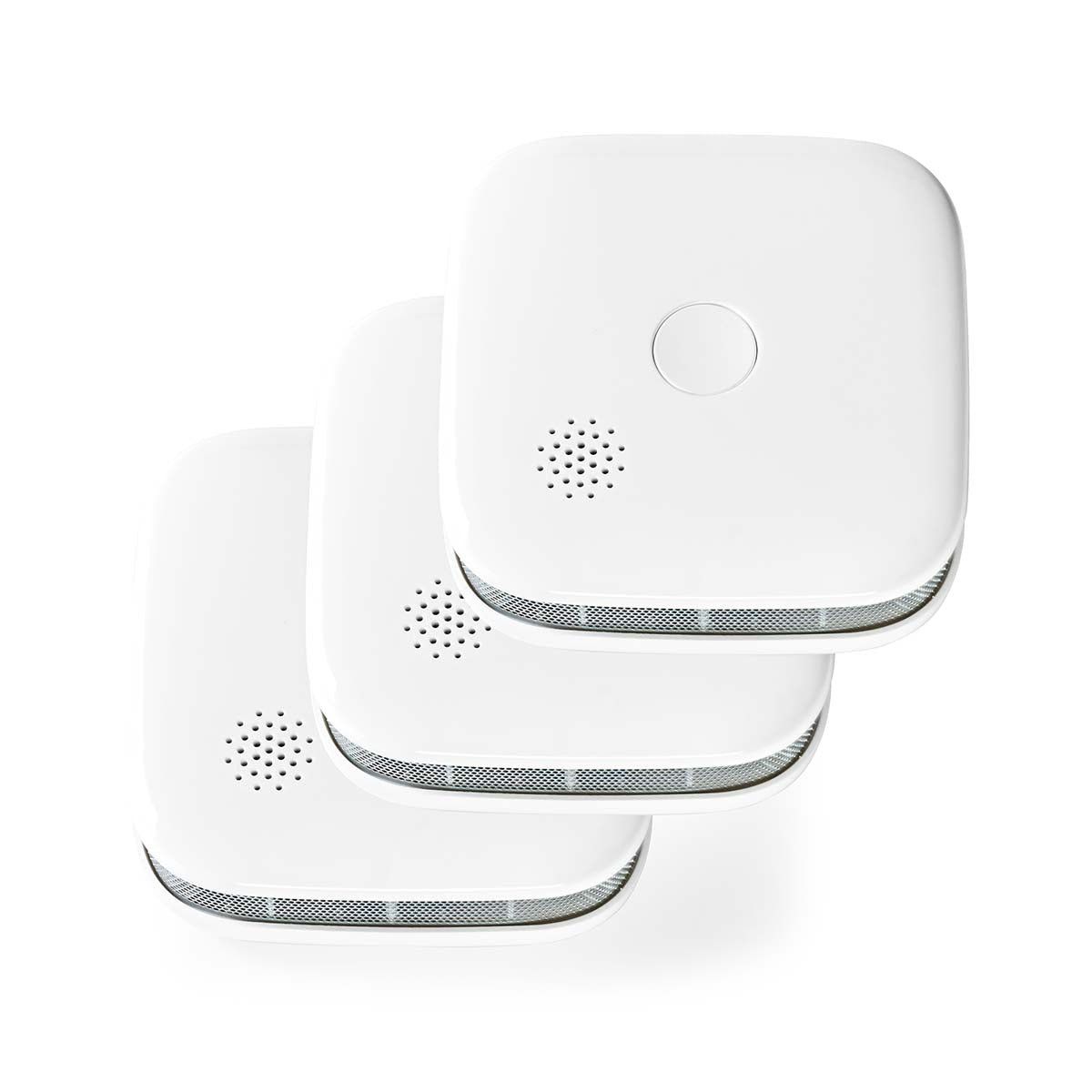Nedis Smart Wi-Fi Røgalarm 3-pak, firkantet hvidt design, afrundede hjørner, runde testknapper, små højtalerhuller.