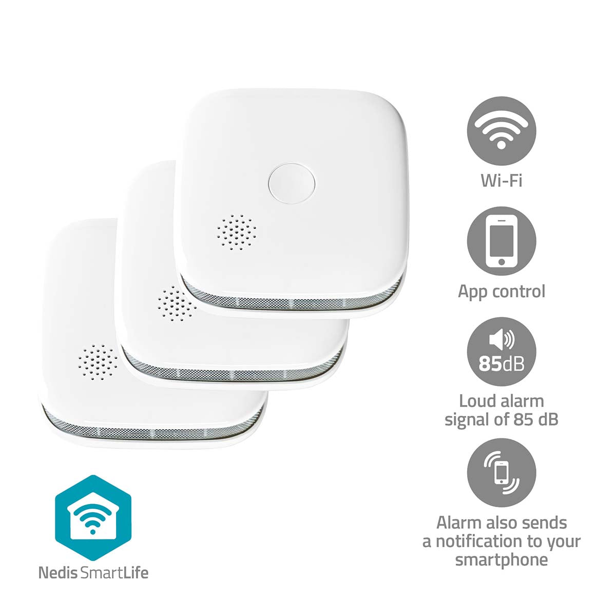 Nedis Smart Wi-Fi Røgalarm 3-pak hvide firkantede alarmer med runde knapper, SmartLife-logo nederst til venstre.