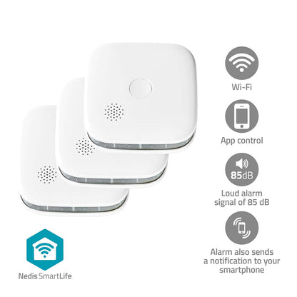 Nedis Smart Wi-Fi Røgalarm 3-pak hvide firkantede alarmer med runde knapper, SmartLife-logo nederst til venstre.