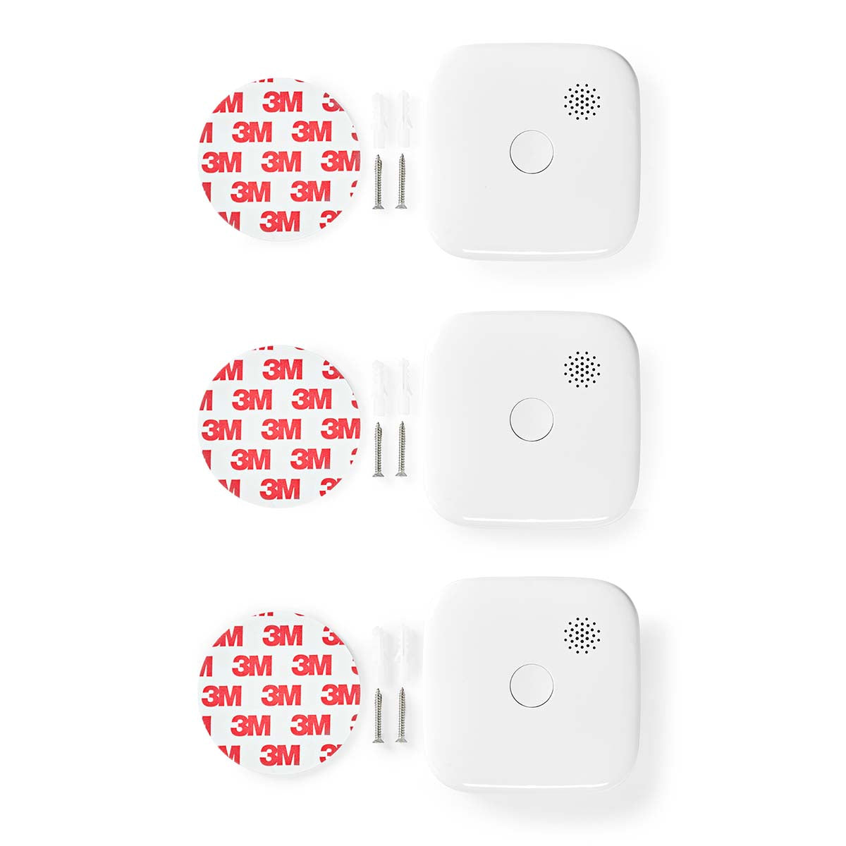 Nedis Smart Wi-Fi Røgalarm 3-pak, hvid, firkantet, fotoelektrisk sensor, inkl. 3M tape, skruer og rawlplugs.