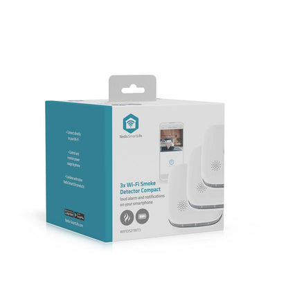 Nedis Smart Wi-Fi Røgalarm 3-pak, hvid/blå æske, tre batteridrevne alarmer, smartphone-billede, produktinfo.