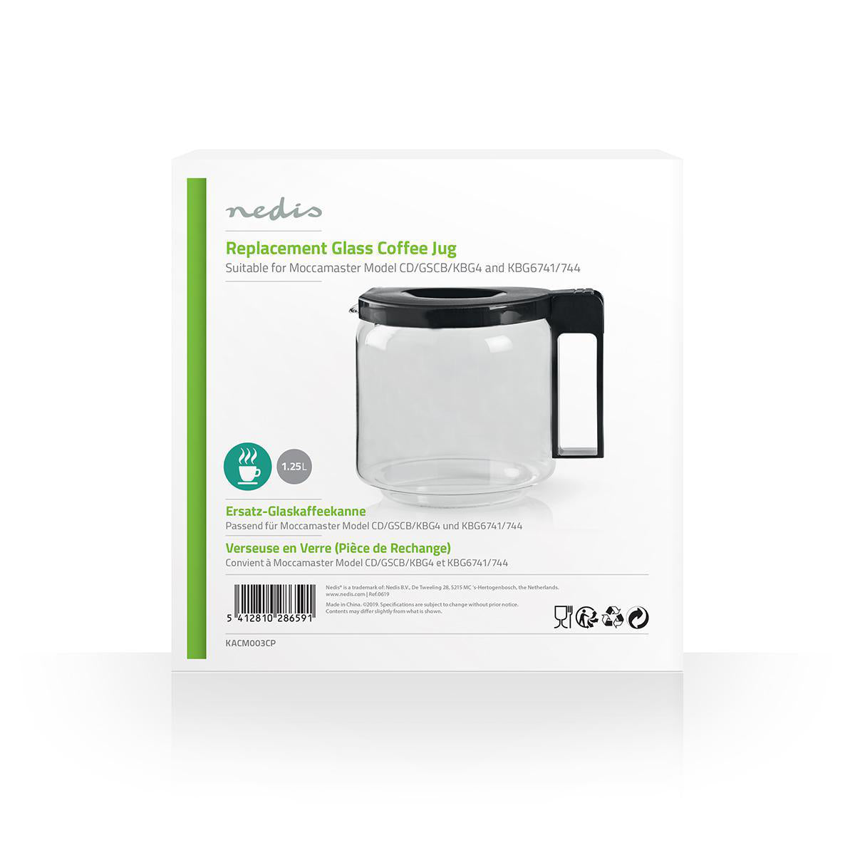Glaskande til Moccamaster 1,25 l med sort hank og låg i hvid/grøn emballage.