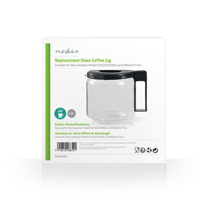 Glaskande til Moccamaster 1,25 l med sort hank og låg i hvid/grøn emballage.