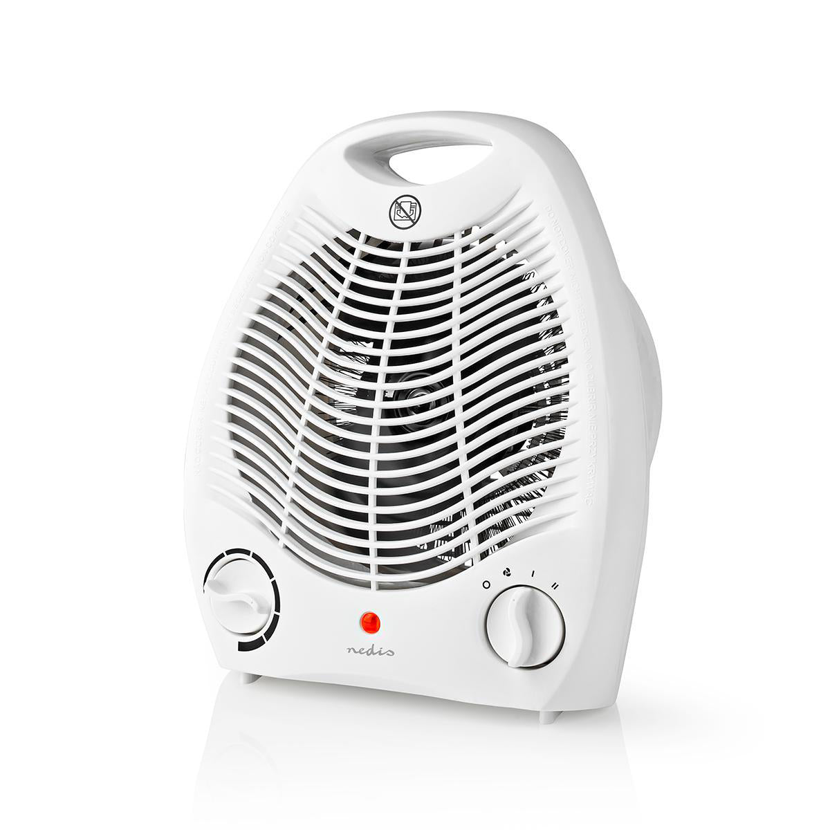 Nedis varmeblæser, hvid, justerbar termostat 1000/2000W, buet frontgrill, to drejeknapper, rød indikator, bærehåndtag.