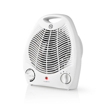 Nedis varmeblæser, hvid, justerbar termostat 1000/2000W, buet frontgrill, to drejeknapper, rød indikator, bærehåndtag.