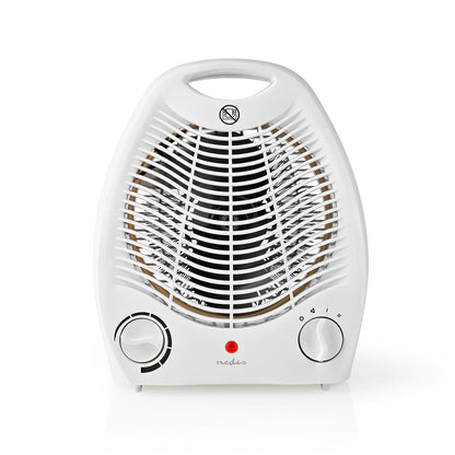 Varmeblæser hvid med justerbar termostat 1000/2000W, to drejeknapper, frontgitter og rød indikatorlampe.