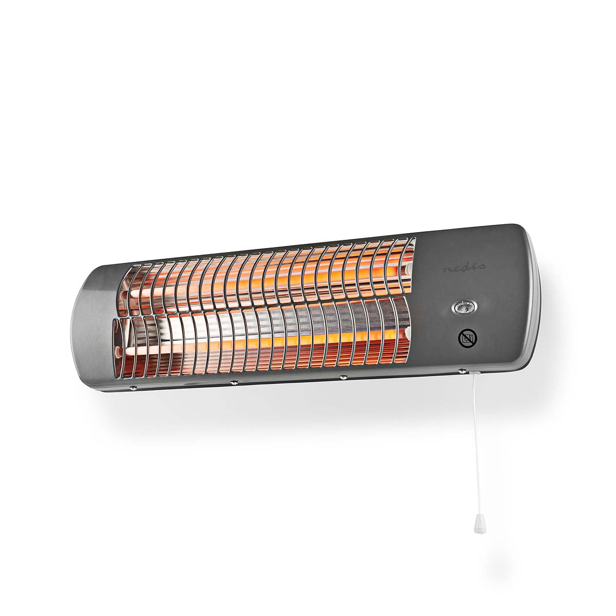 Nedis badeværelsesvarmer, vægmonteret, vipbart hoved, 1200 W, metalgitter, orange varmeelementer, tænd/sluk-knap og træksnor.