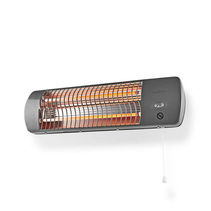 Nedis badeværelsesvarmer, vægmonteret, vipbart hoved, 1200 W, metalgitter, orange varmeelementer, tænd/sluk-knap og træksnor.