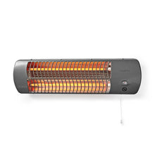 Nedis badeværelsesvarmer 1200 W med vipbart hoved, metalgitter, orange varmelegemer, træksnor og indikator tænd/sluk.