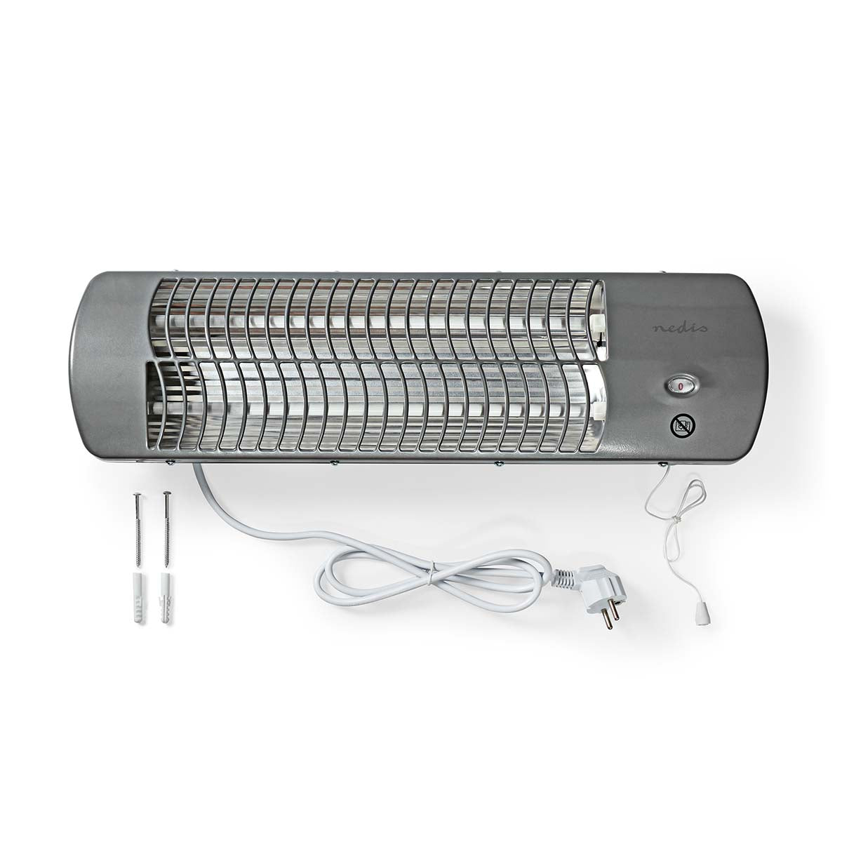 Badeværelsesvarmer 1200 W med vipbart hoved, beskyttende metalgitter, tænd/sluk-knap, ledning og monteringskruer.