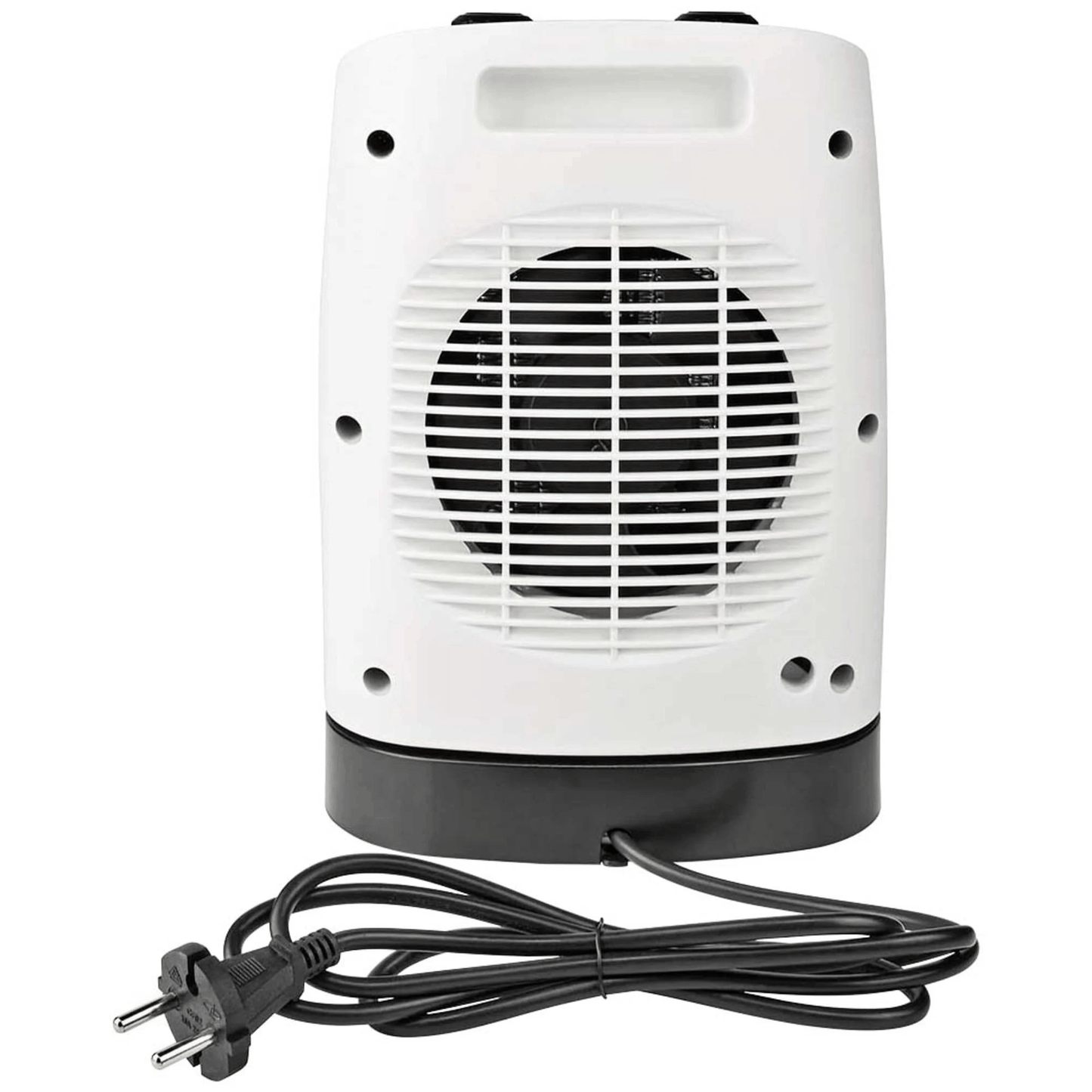 Nedis Värmefläkt 1000/2000W hvid keramisk varmeblæser med sort base, frontgitter og lang ledning med stik.