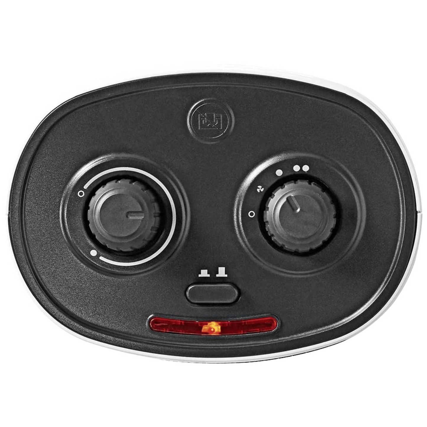 Nedis Värmefläkt 1000/2000W sort kontrolpanel med to runde drejeknapper, lysindikator og rød indikator nederst.