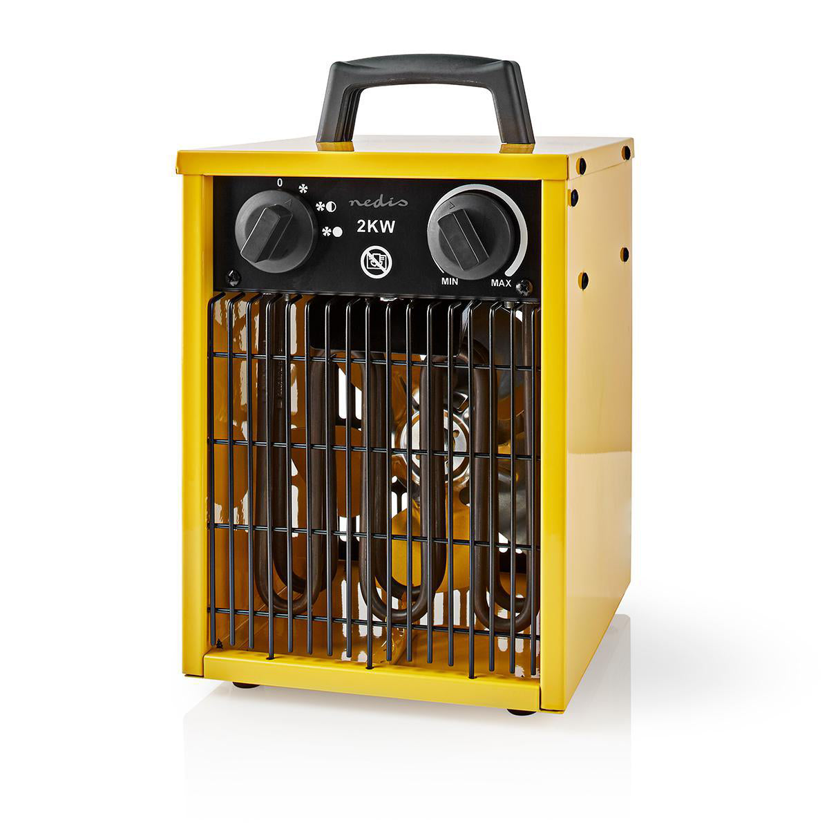 Nedis industrielle varmeblæser IP24 med justerbar termostat, 1000/2000W, bærehåndtag, frontkontroller og beskyttelsesgitter.