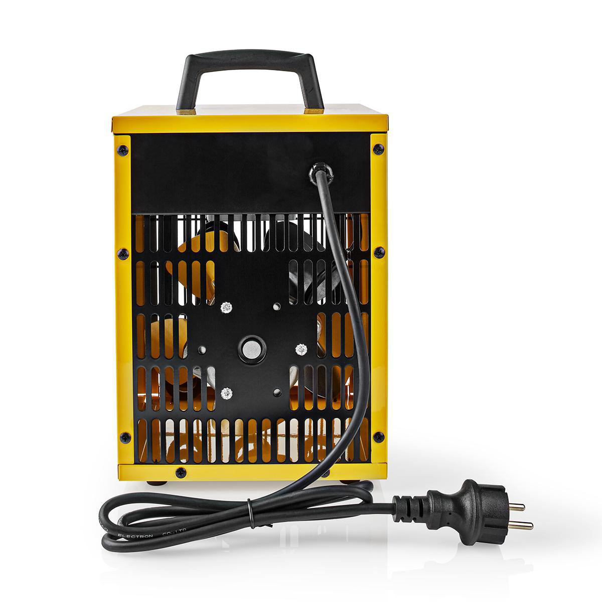Industriel varmeblæser gul med sort håndtag, metalgitter og stik, justerbar termostat, IP24, 1000/2000 W.