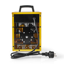 Industriel varmeblæser gul med sort håndtag, metalgitter og stik, justerbar termostat, IP24, 1000/2000 W.
